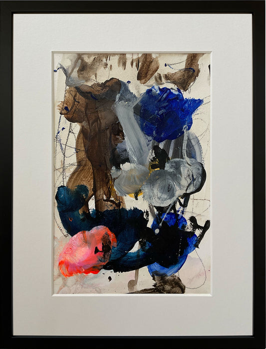 Paperwork nr. 26, 40x30 cm, med valgfri indramning by Lone Reedtz , Abstrakt ekspressivt akrylmaleri på papir i passepartout Med sort træramme