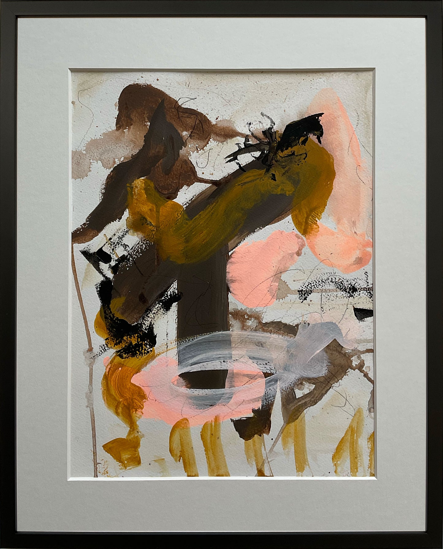 Paperwork nr. 7, 40x50 cm med valgfri indramning by Lone Reedtz , Abstrakt ekspressivt akrylmaleri på papir i passepartout Med sort træramme