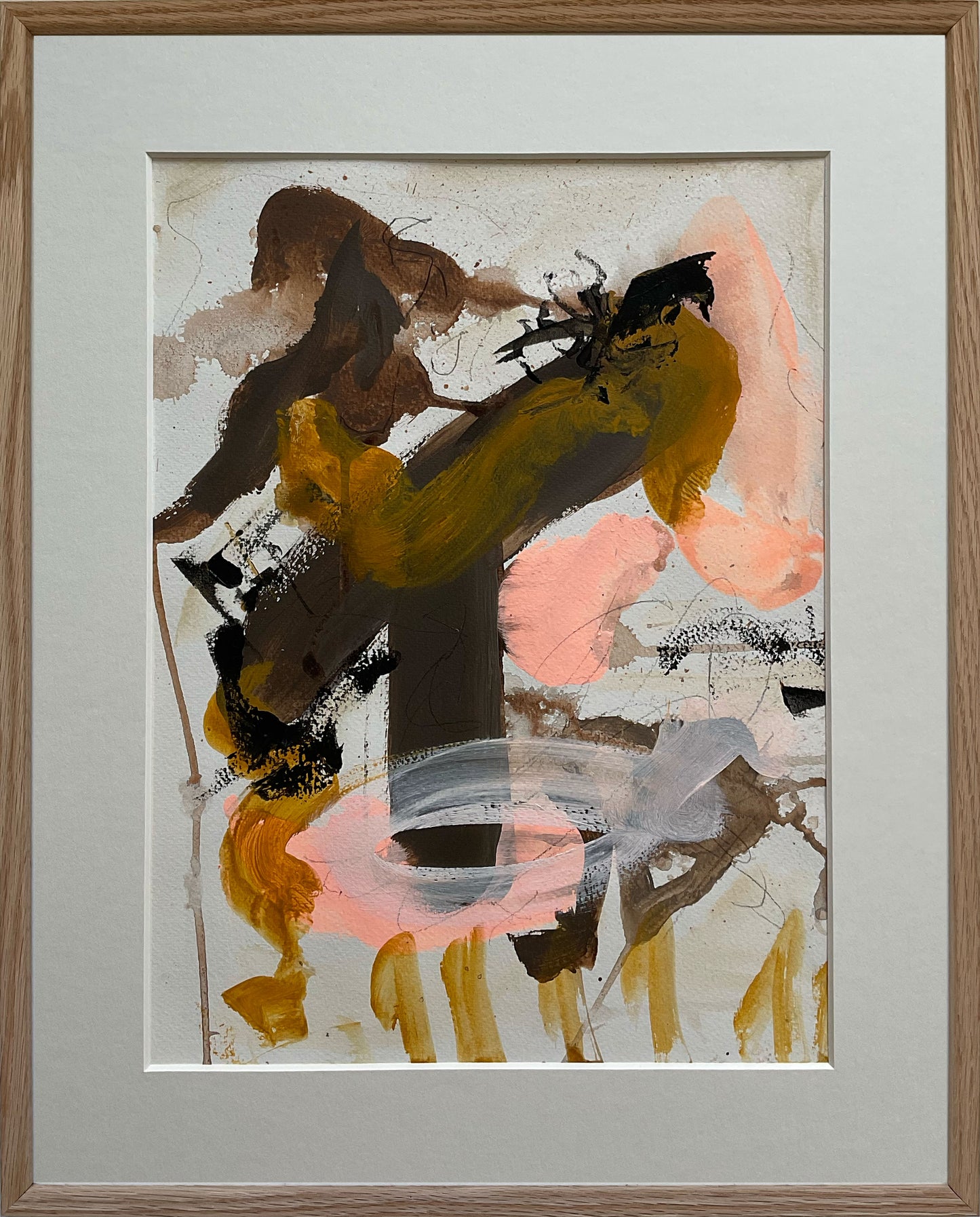 Paperwork nr. 7, 40x50 cm med valgfri indramning by Lone Reedtz , Abstrakt ekspressivt akrylmaleri på papir i passepartout Med massiv egetræsramme