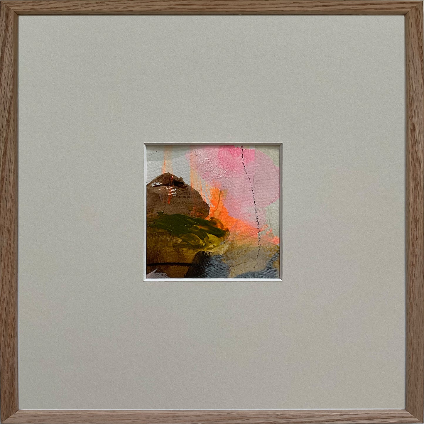 Paperwork nr. 39, 30x30 cm, med sort træramme by Lone Reedtz , Abstrakt ekspressivt akrylmaleri på papir i passepartout Childish