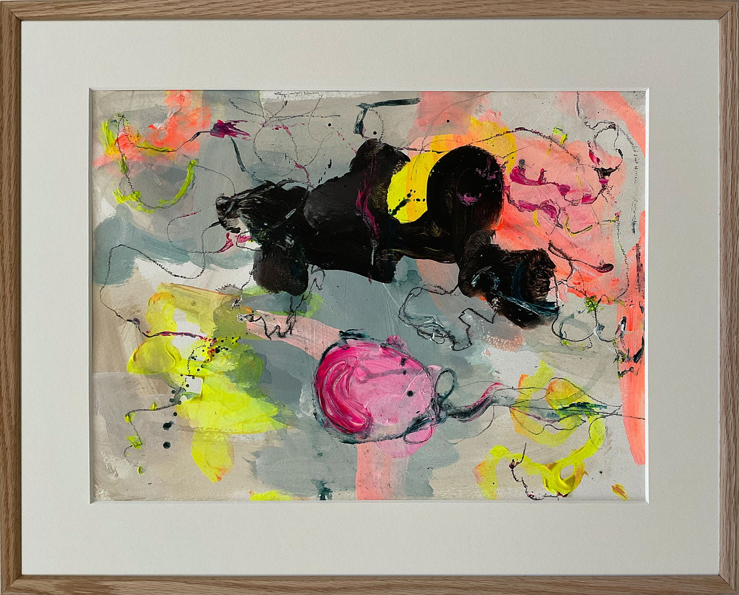 Paperwork nr. 3, 40x50 cm med valgfri indramning by Lone Reedtz , Abstrakt ekspressivt akrylmaleri på papir i passepartout 3 Med massiv egetræsramme Childish