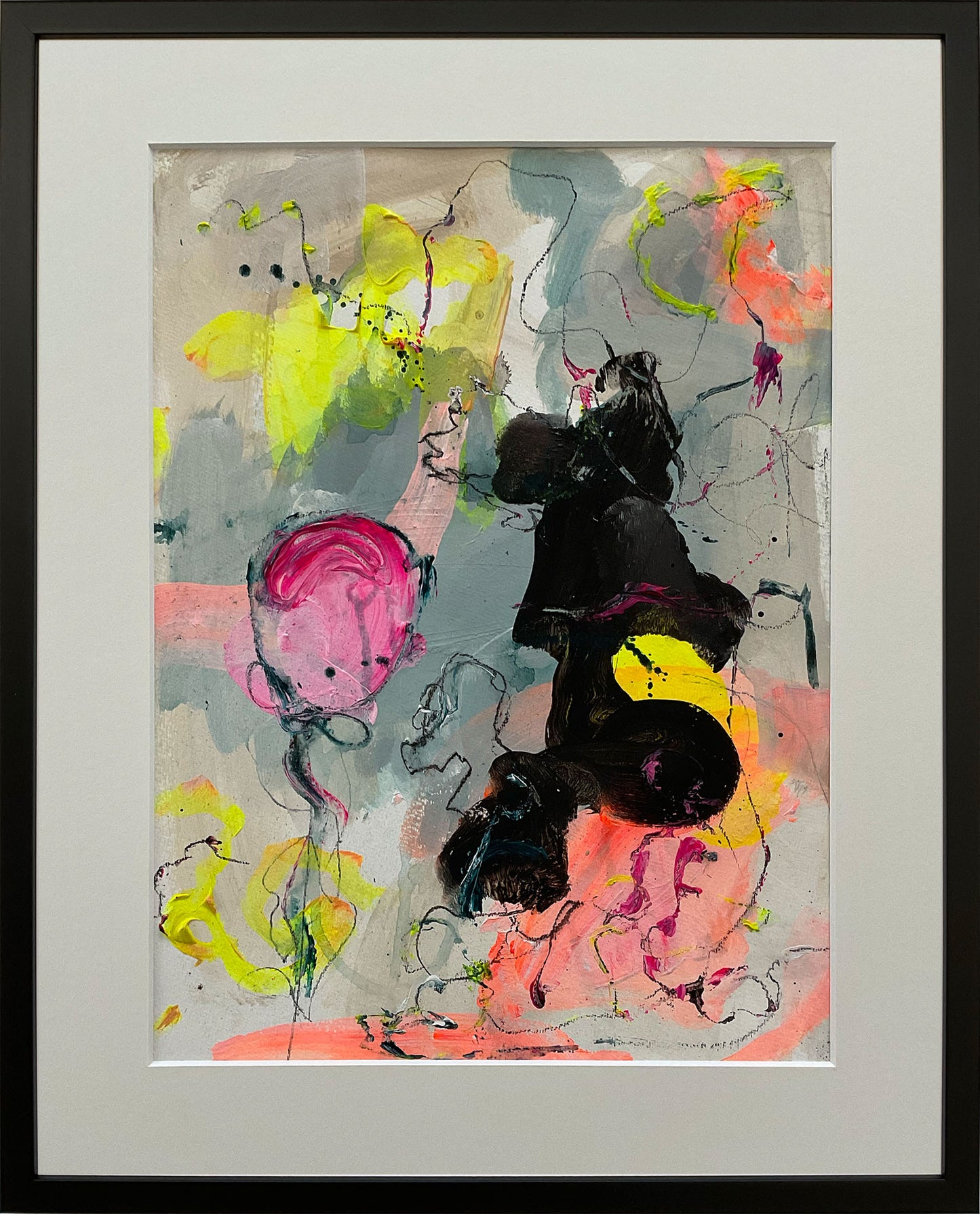 Paperwork nr. 3, 40x50 cm med valgfri indramning by Lone Reedtz , Abstrakt ekspressivt akrylmaleri på papir i passepartout 2 Med sort træramme Childish