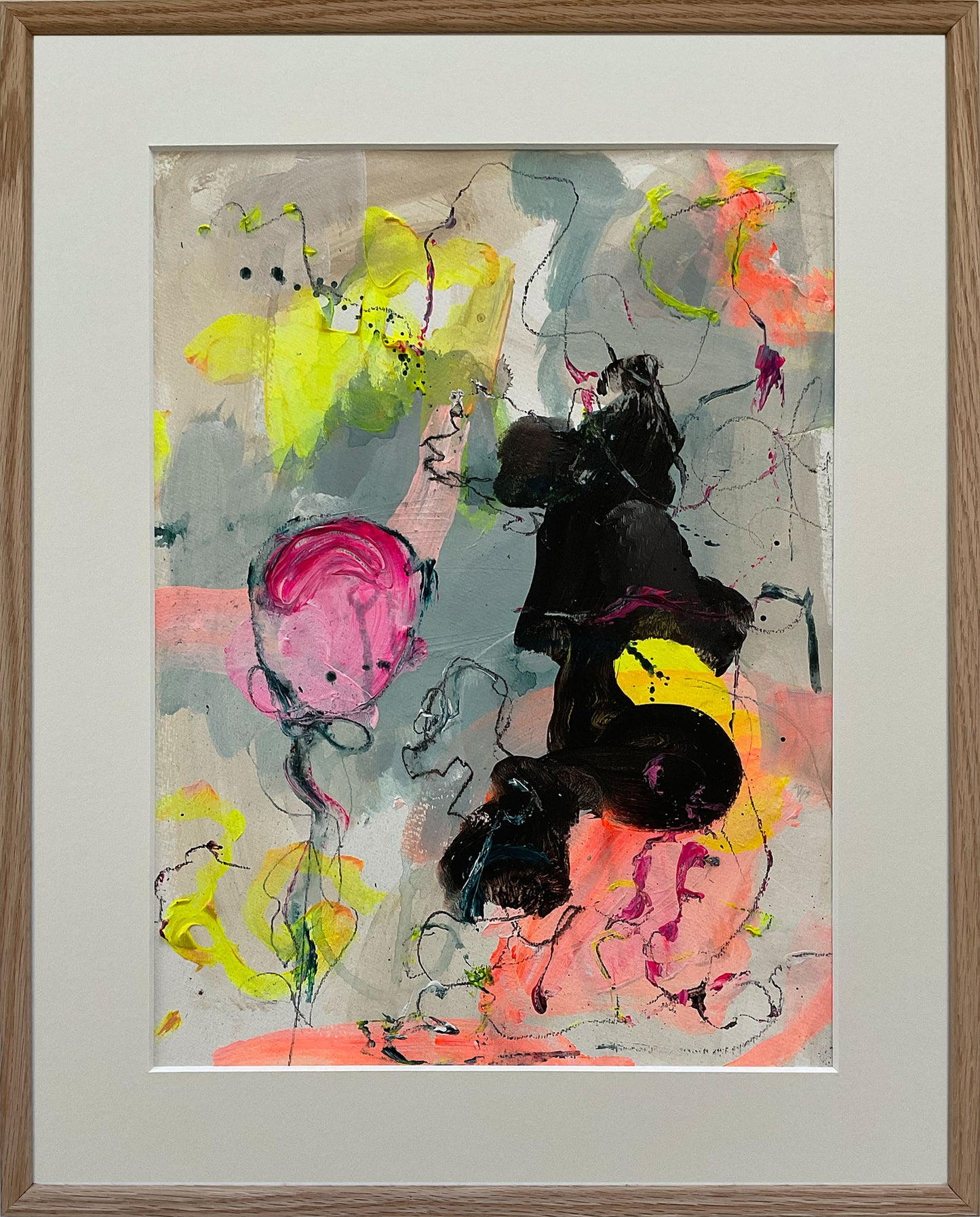 Paperwork nr. 3, 40x50 cm med valgfri indramning by Lone Reedtz , Abstrakt ekspressivt akrylmaleri på papir i passepartout 2 Med massiv egetræsramme Childish