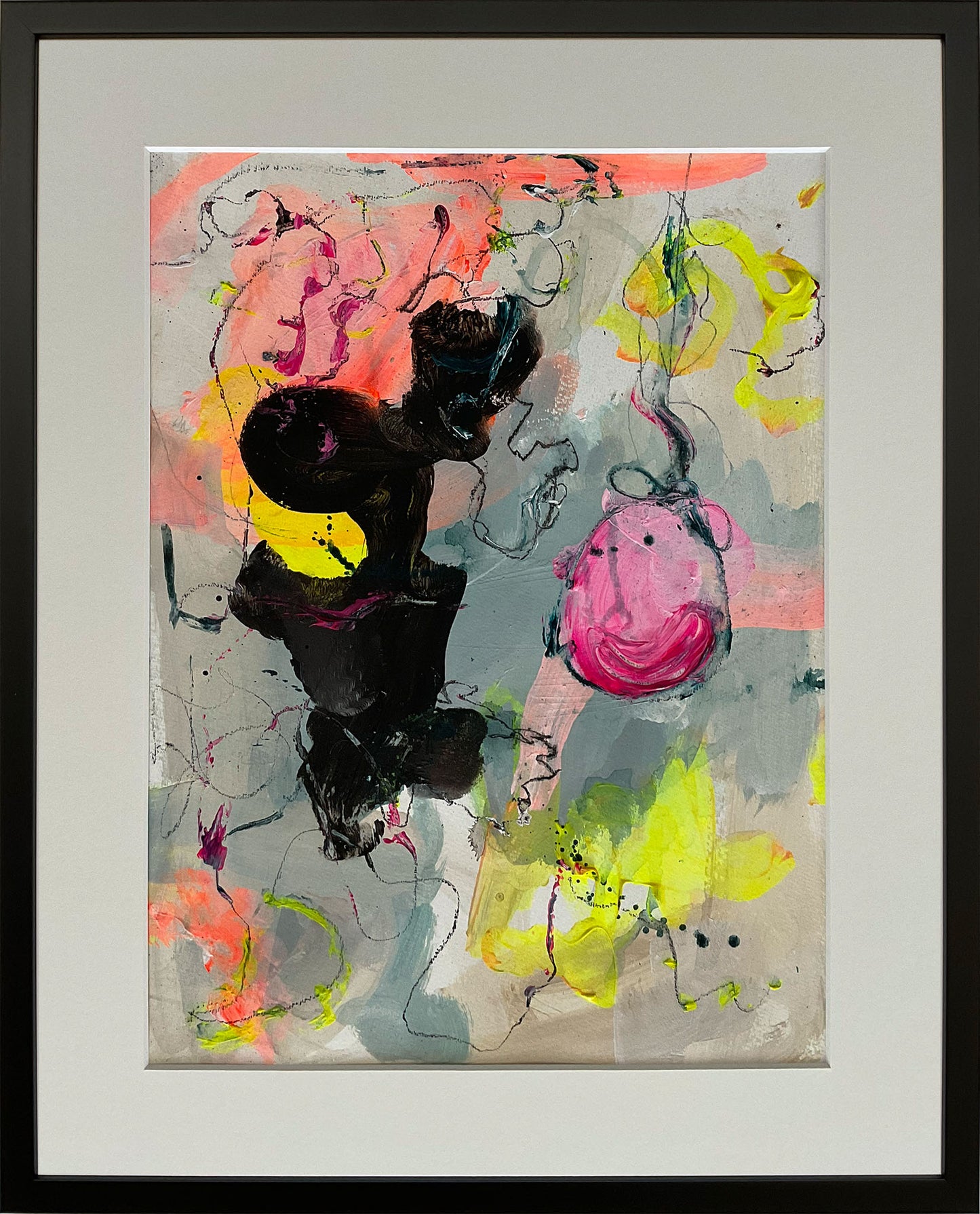 Paperwork nr. 3, 40x50 cm med valgfri indramning by Lone Reedtz , Abstrakt ekspressivt akrylmaleri på papir i passepartout 1 Med sort træramme Childish