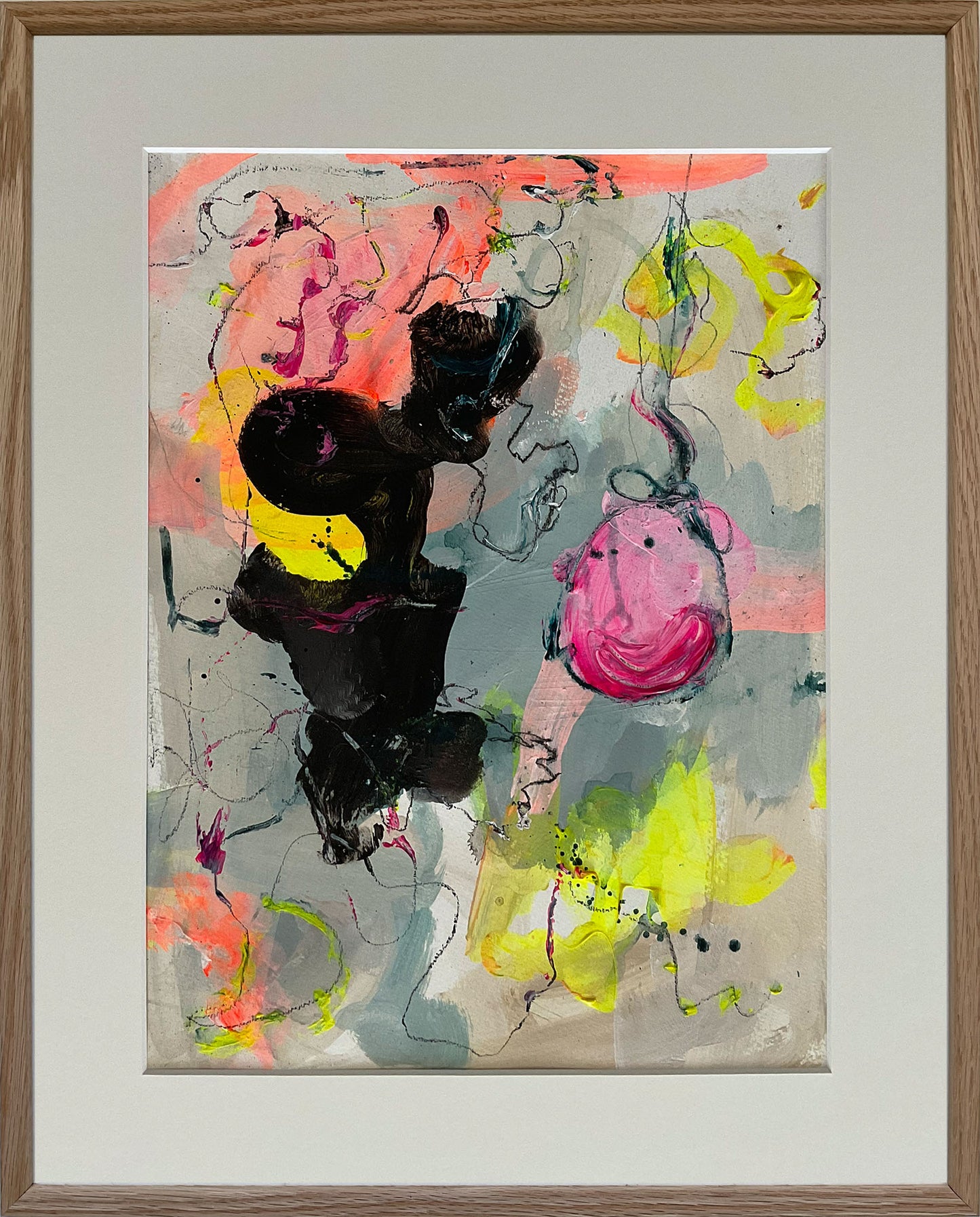 Paperwork nr. 3, 40x50 cm med valgfri indramning by Lone Reedtz , Abstrakt ekspressivt akrylmaleri på papir i passepartout 1 Med massiv egetræsramme Childish