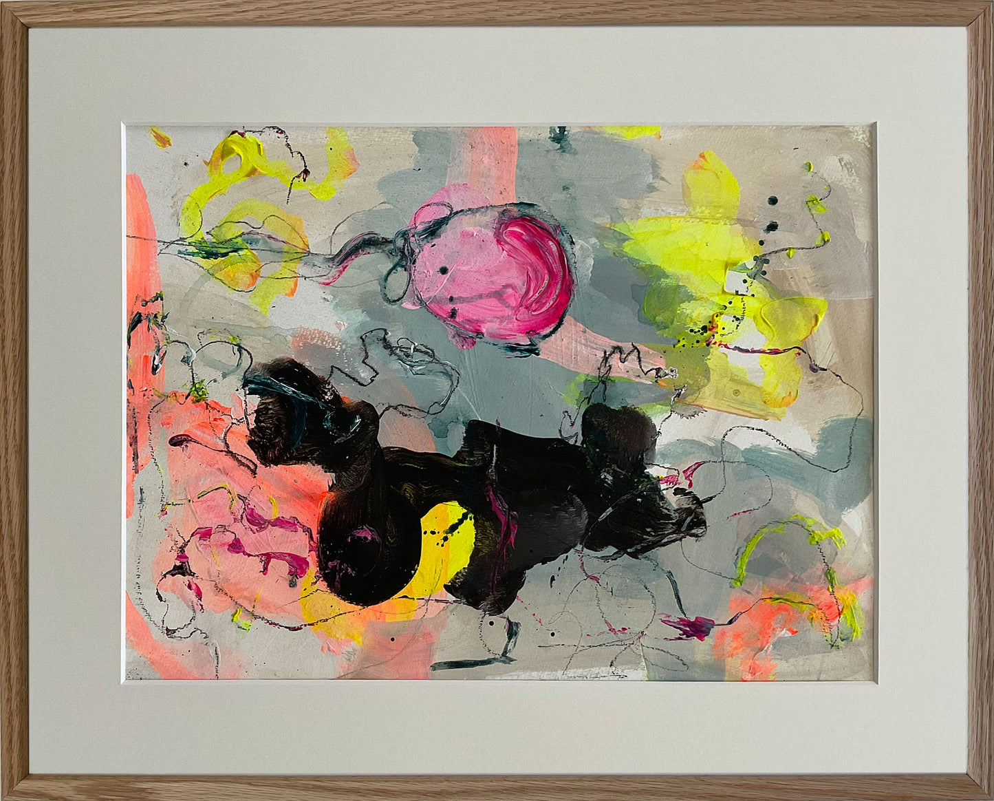 Paperwork nr. 3, 40x50 cm med valgfri indramning by Lone Reedtz , Abstrakt ekspressivt akrylmaleri på papir i passepartout 4 Med massiv egetræsramme Childish