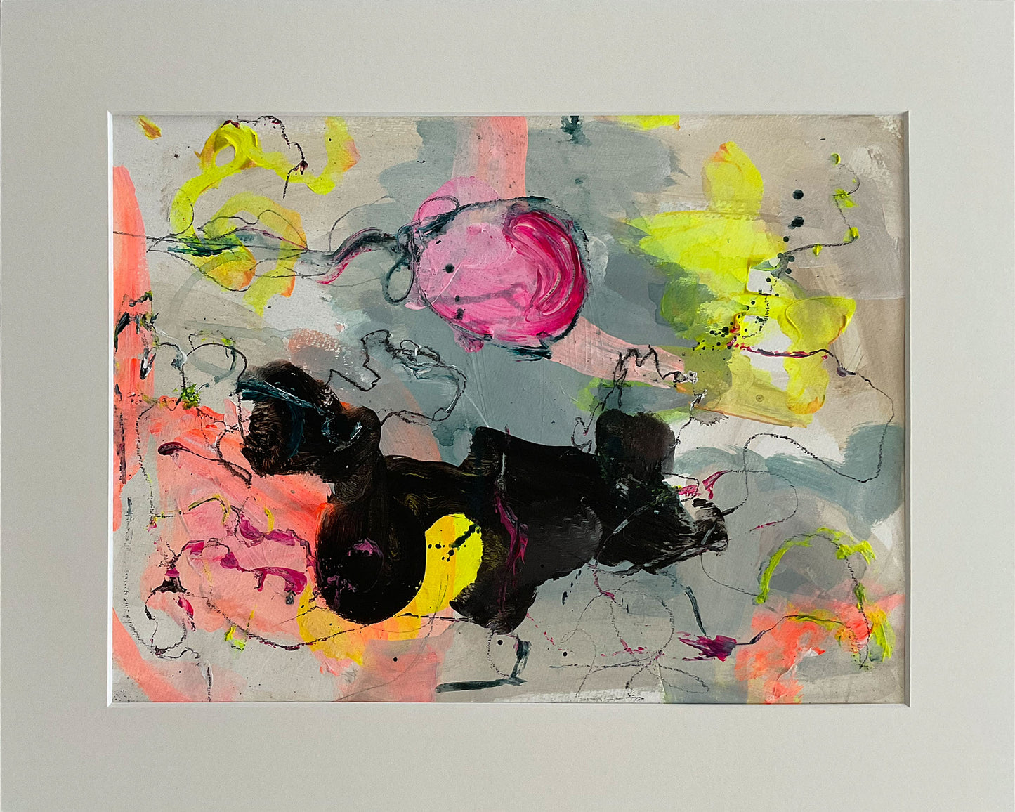 Paperwork nr. 3, 40x50 cm med valgfri indramning by Lone Reedtz , Abstrakt ekspressivt akrylmaleri på papir i passepartout 4 Uden ramme Childish