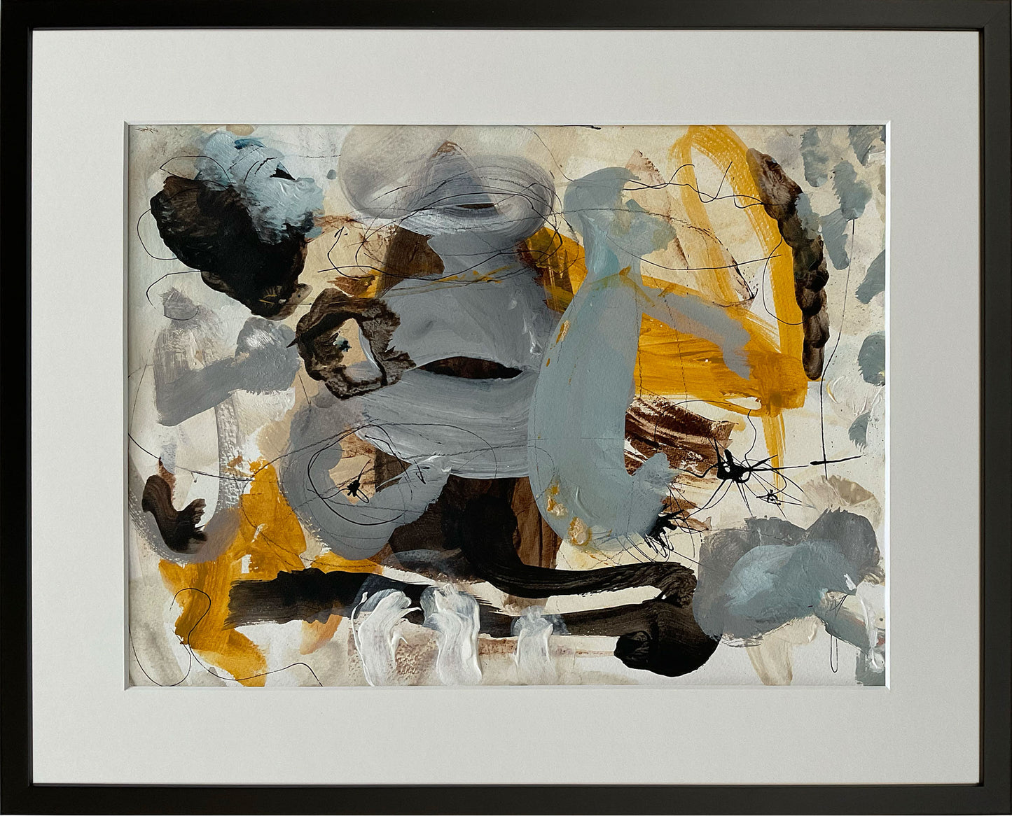 Paperwork nr. 4, 50x40 cm, med valgfri indramning by Lone Reedtz , Abstrakt ekspressivt akrylmaleri på papir i passepartout 3 Med sort træramme