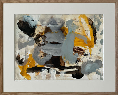 Paperwork nr. 4, 50x40 cm, med valgfri indramning by Lone Reedtz , Abstrakt ekspressivt akrylmaleri på papir i passepartout 3 Med massiv egetræsramme
