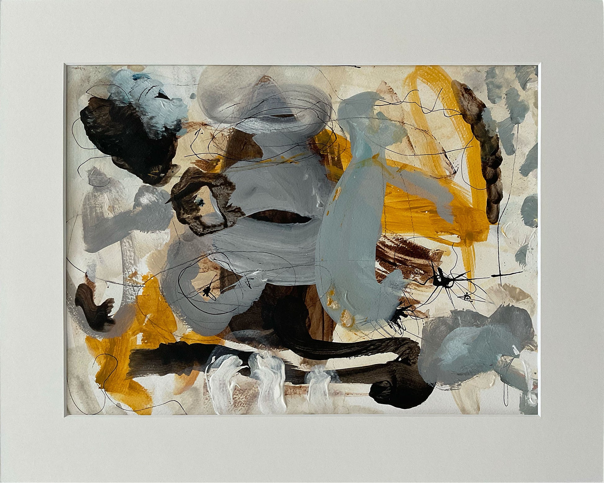 Paperwork nr. 4, 50x40 cm, med valgfri indramning by Lone Reedtz , Abstrakt ekspressivt akrylmaleri på papir i passepartout 3 Uden ramme