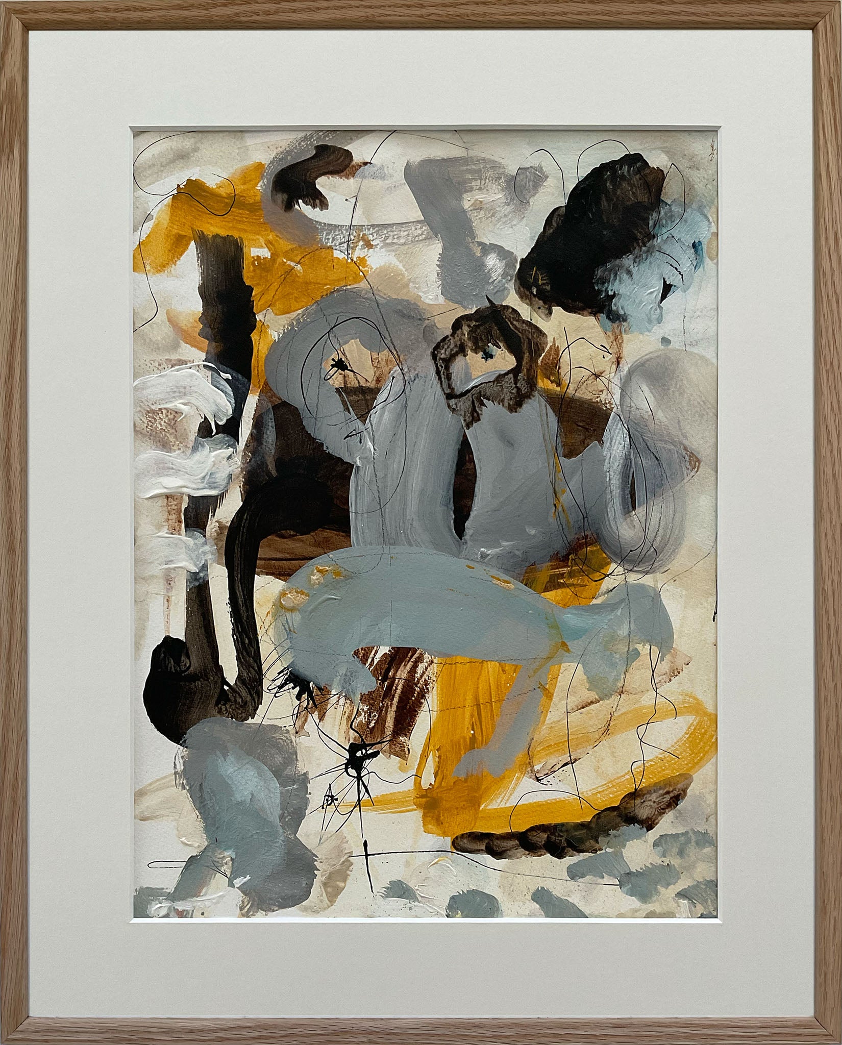 Paperwork nr. 4, 50x40 cm, med valgfri indramning by Lone Reedtz , Abstrakt ekspressivt akrylmaleri på papir i passepartout 1 Med massiv egetræsramme