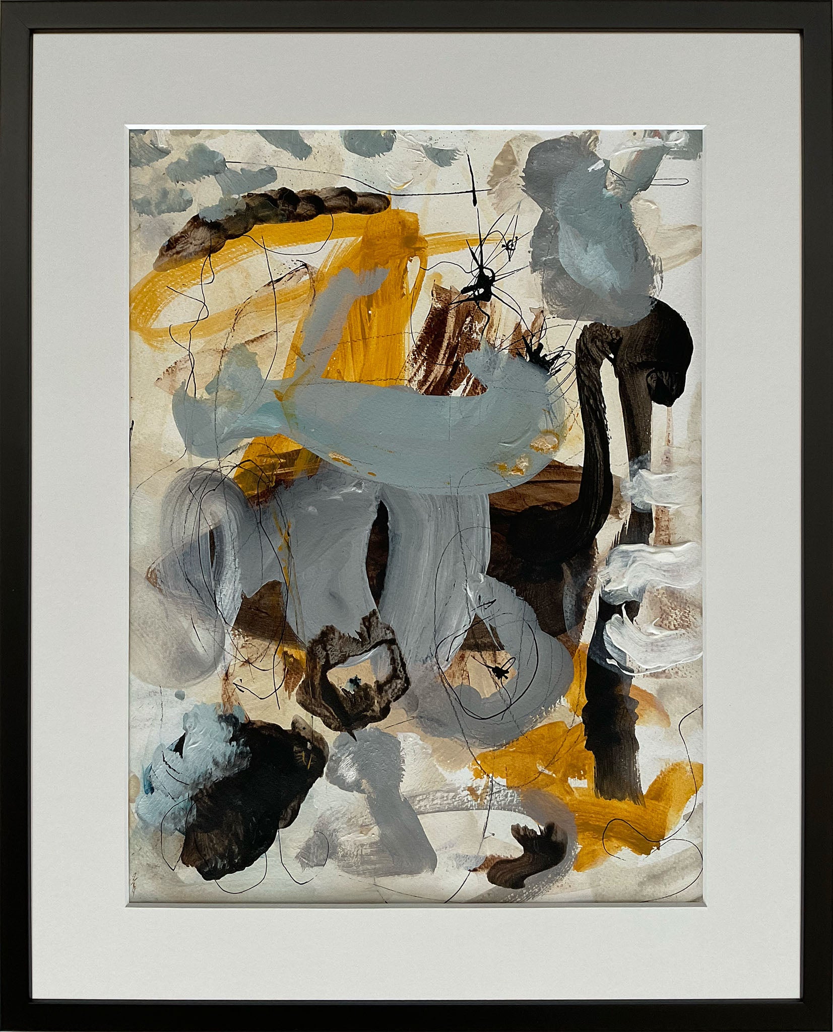 Paperwork nr. 4, 50x40 cm, med valgfri indramning by Lone Reedtz , Abstrakt ekspressivt akrylmaleri på papir i passepartout 2 Med sort træramme