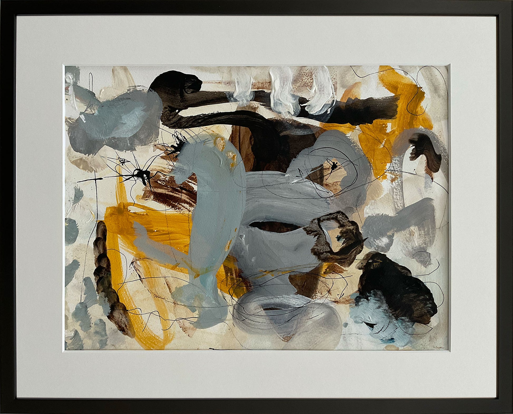 Paperwork nr. 4, 50x40 cm, med valgfri indramning by Lone Reedtz , Abstrakt ekspressivt akrylmaleri på papir i passepartout 4 Med sort træramme