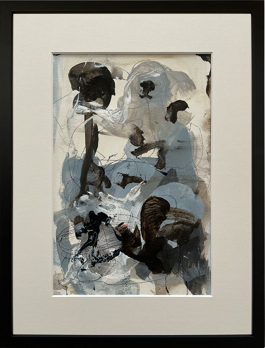 Paperwork nr. 21, 40x30 cm, med valgfri indramning by Lone Reedtz , Abstrakt ekspressivt akrylmaleri på papir i passepartout Med sort træramme Blue Childish Grey