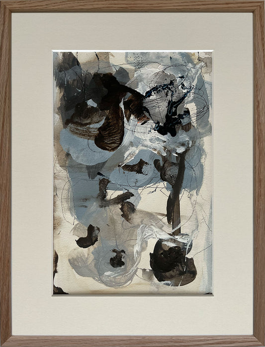 Paperwork nr. 21, 40x30 cm, med valgfri indramning by Lone Reedtz , Abstrakt ekspressivt akrylmaleri på papir i passepartout Blue Childish Grey