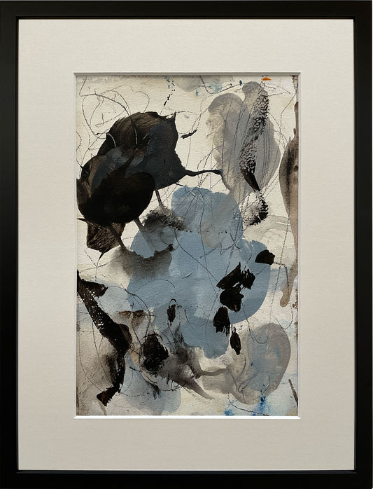 Paperwork nr. 20, 40x30 cm, med valgfri indramning by Lone Reedtz , Abstrakt ekspressivt akrylmaleri på papir i passepartout 1 Med sort træramme