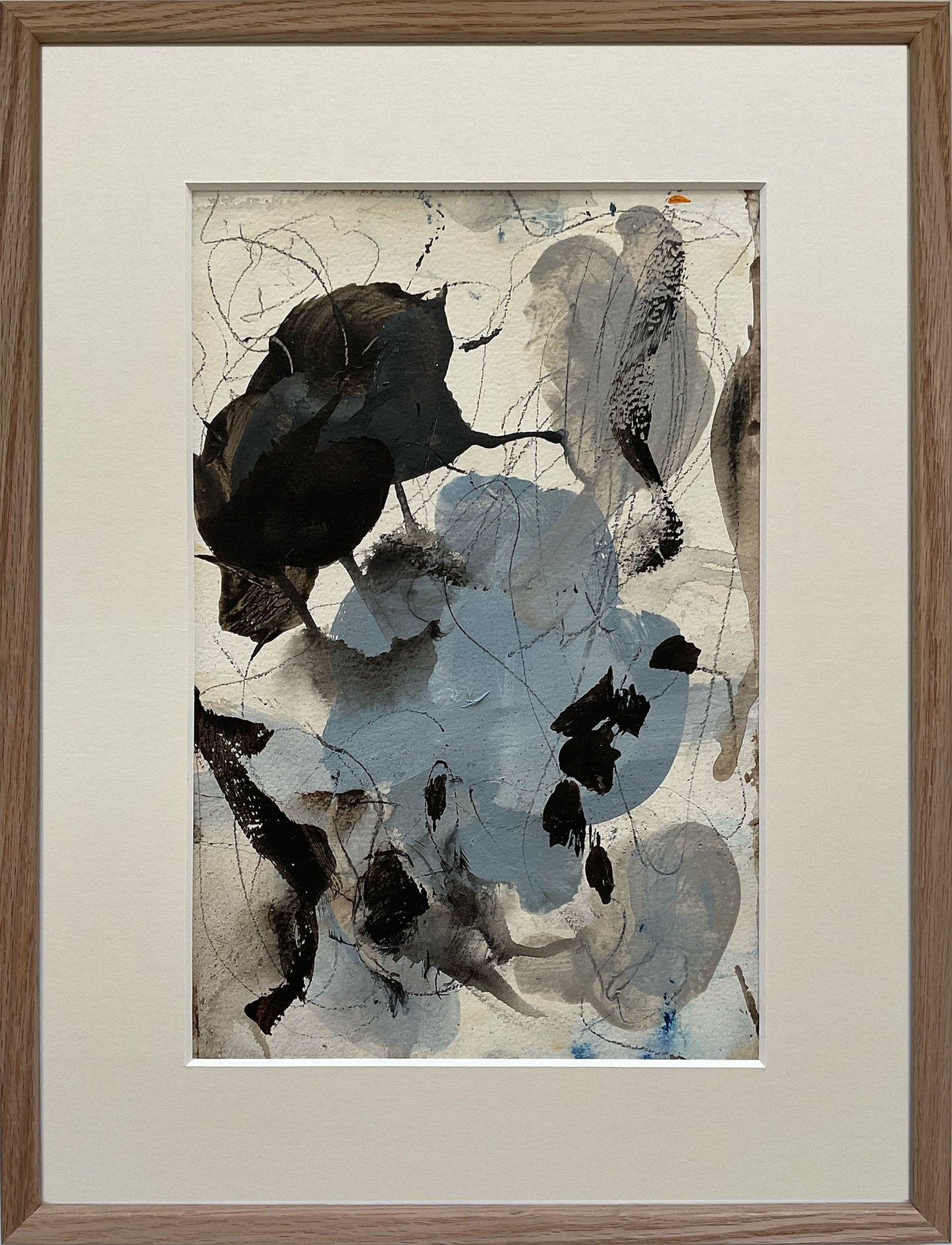 Paperwork nr. 20, 30x40 cm med valgfri indramning by Lone Reedtz , Abstrakt ekspressivt akrylmaleri på papir i passepartout 1 Med massiv egetræsramme