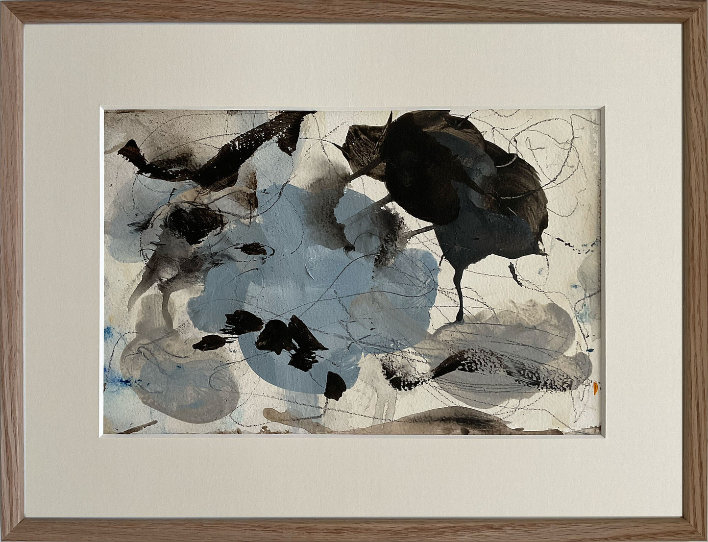 Paperwork nr. 20, 30x40 cm med valgfri indramning by Lone Reedtz , Abstrakt ekspressivt akrylmaleri på papir i passepartout 3 Med massiv egetræsramme