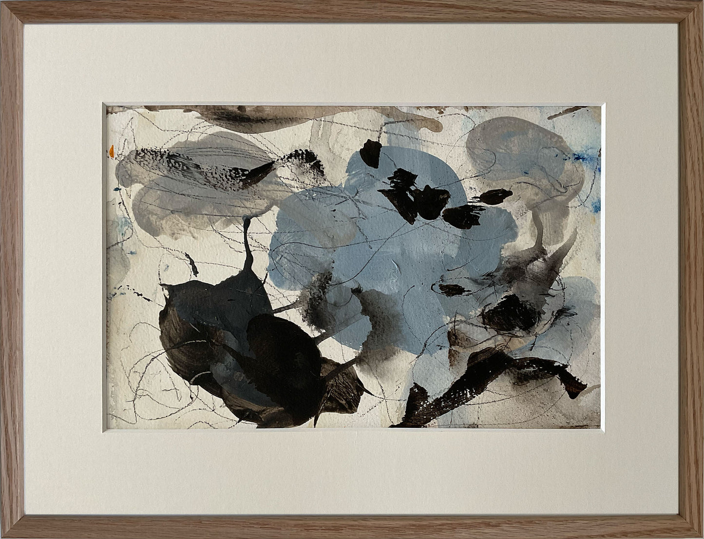 Paperwork nr. 20, 30x40 cm med valgfri indramning by Lone Reedtz , Abstrakt ekspressivt akrylmaleri på papir i passepartout 4 Med massiv egetræsramme