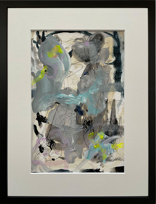 Paperwork nr. 27, 40x30 cm, med valgfri indramning by Lone Reedtz , Abstrakt ekspressivt akrylmaleri på papir i passepartout 1 Med sort træramme Childish