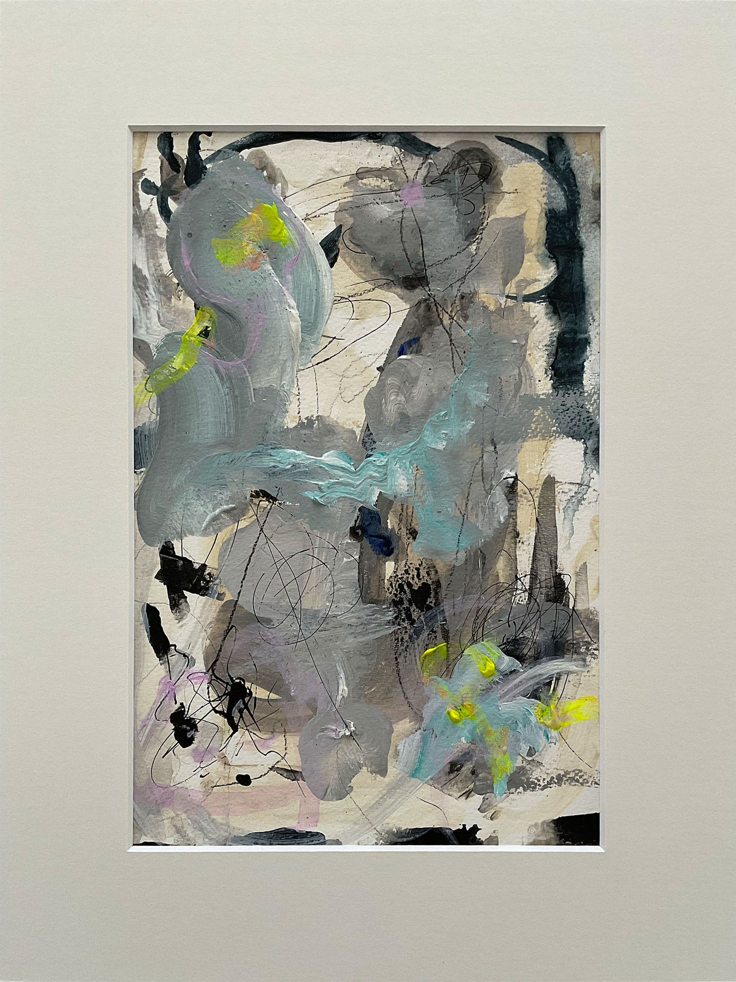 Paperwork nr. 27, 30x40 cm med valgfri indramning by Lone Reedtz , Abstrakt ekspressivt akrylmaleri på papir i passepartout 1 Uden ramme Childish