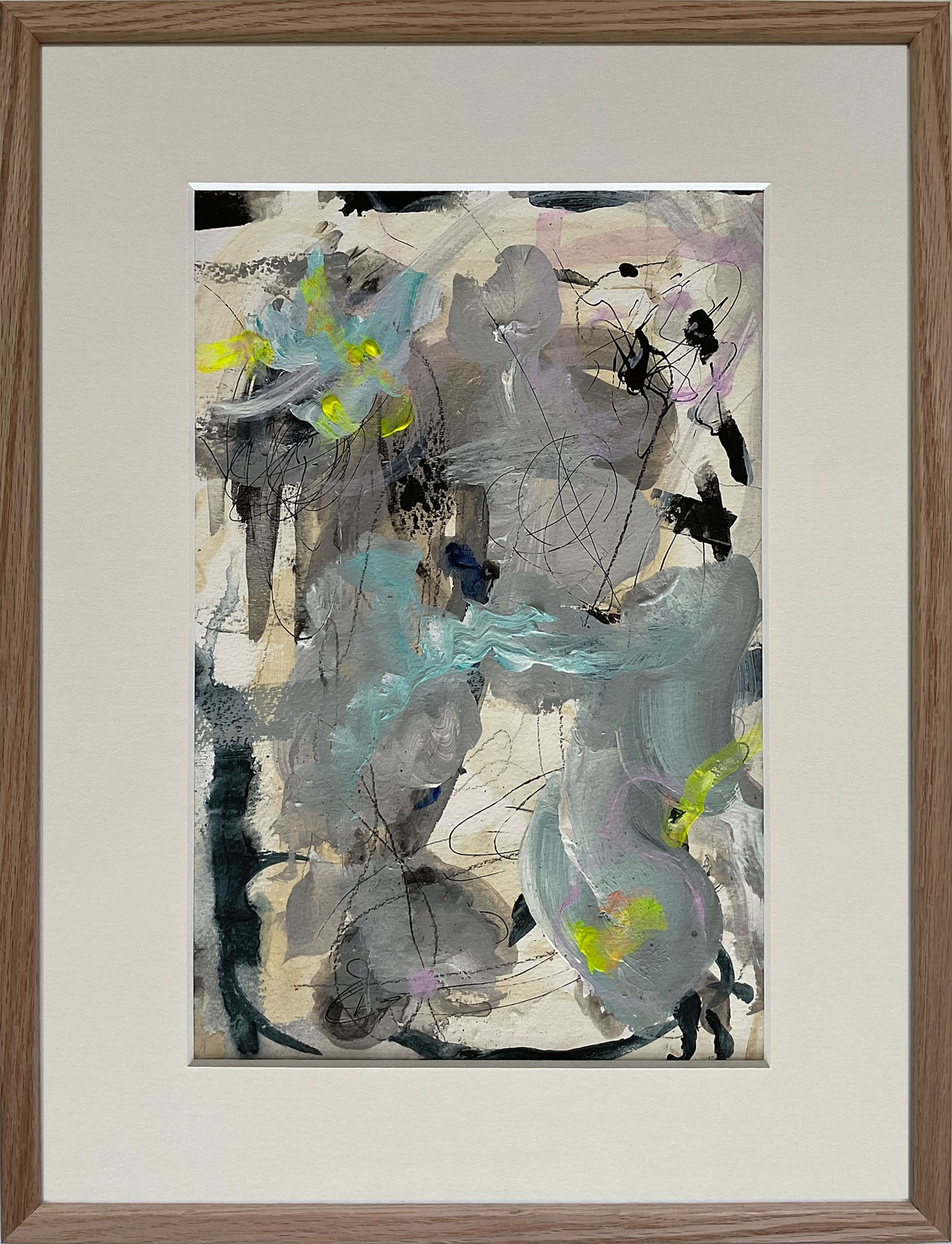 Paperwork nr. 27, 30x40 cm med valgfri indramning by Lone Reedtz , Abstrakt ekspressivt akrylmaleri på papir i passepartout 2 Med massiv egetræsramme Childish