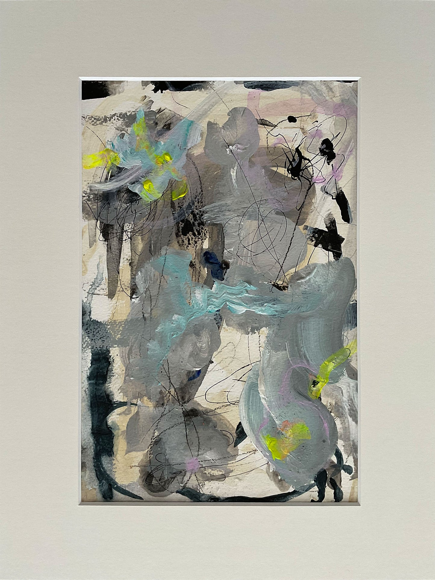 Paperwork nr. 27, 30x40 cm med valgfri indramning by Lone Reedtz , Abstrakt ekspressivt akrylmaleri på papir i passepartout 2 Uden ramme Childish