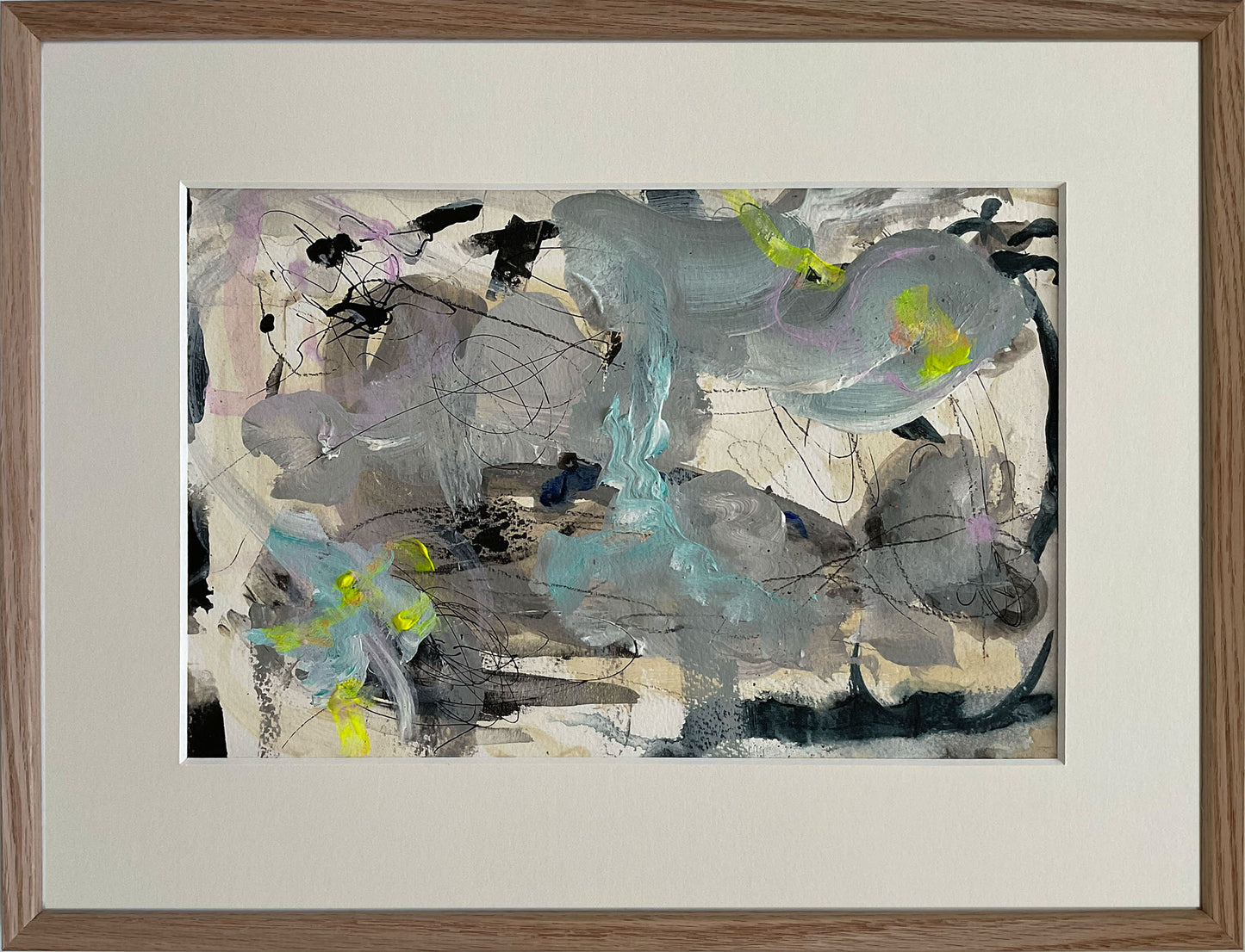 Paperwork nr. 27, 30x40 cm med valgfri indramning by Lone Reedtz , Abstrakt ekspressivt akrylmaleri på papir i passepartout 3 Med massiv egetræsramme Childish