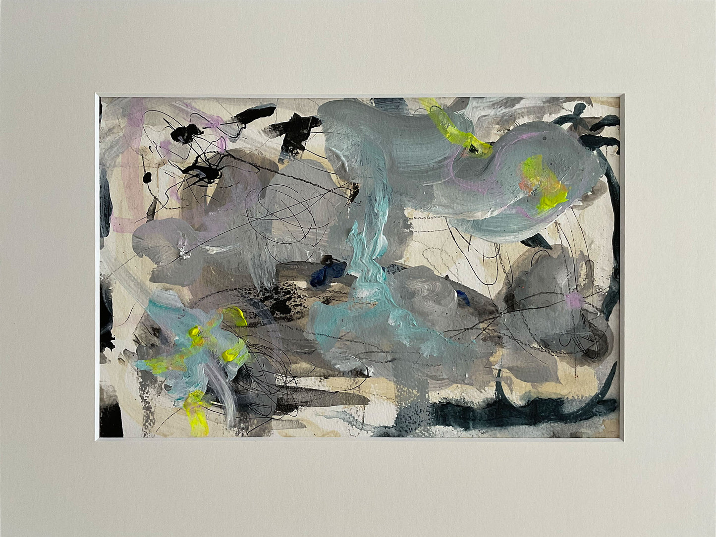 Paperwork nr. 27, 30x40 cm med valgfri indramning by Lone Reedtz , Abstrakt ekspressivt akrylmaleri på papir i passepartout 3 Uden ramme Childish