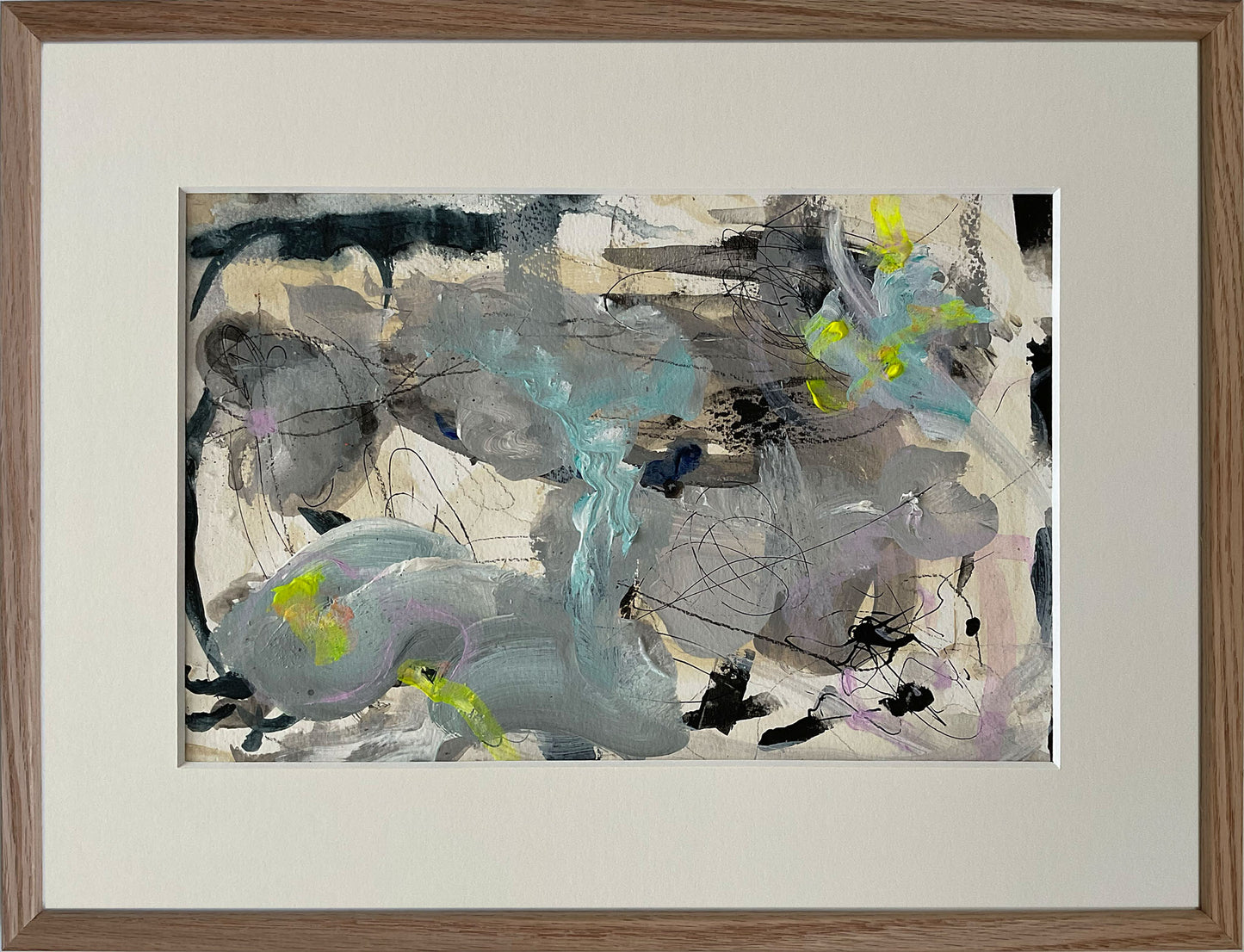 Paperwork nr. 27, 30x40 cm med valgfri indramning by Lone Reedtz , Abstrakt ekspressivt akrylmaleri på papir i passepartout 4 Med massiv egetræsramme Childish