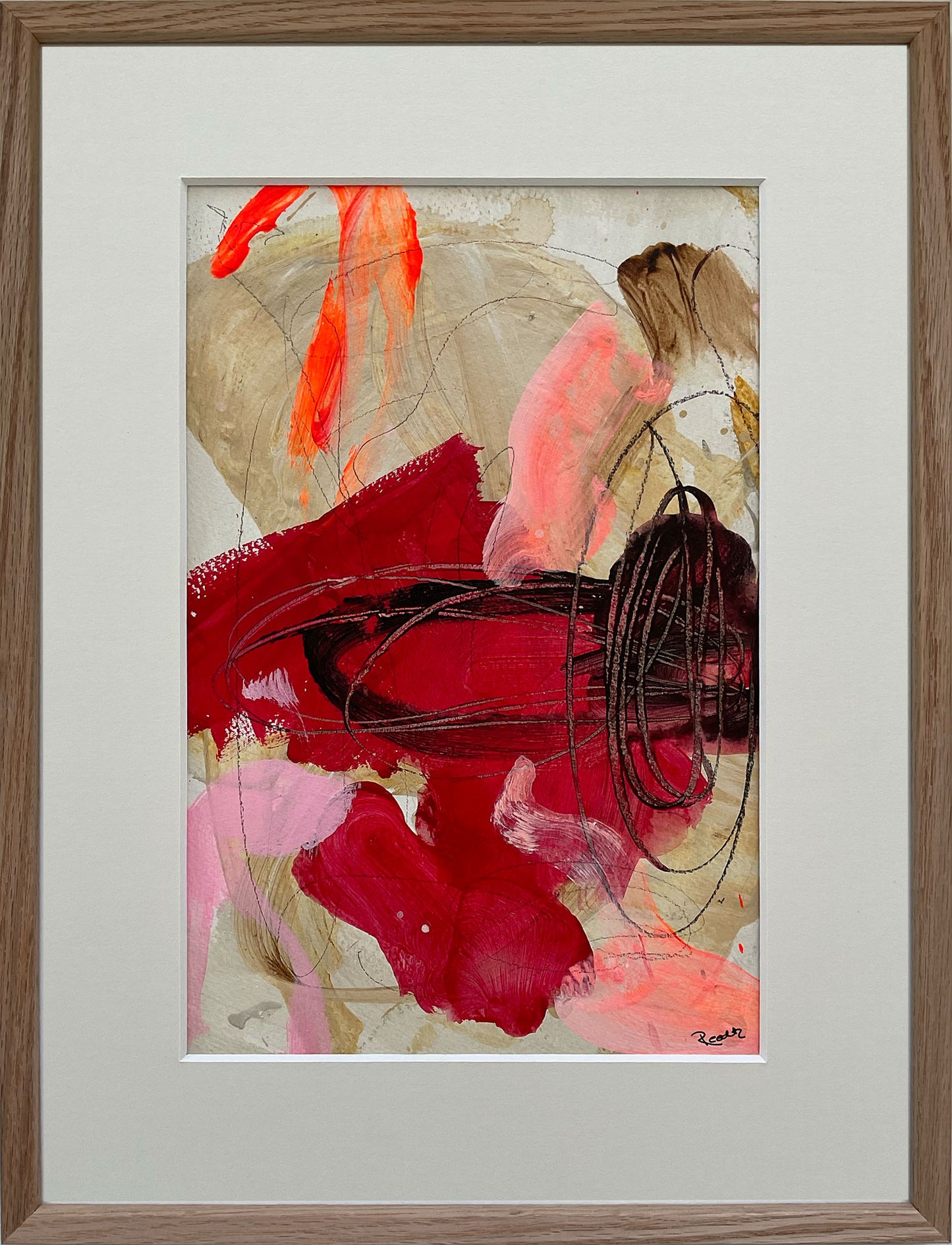 Paperwork nr. 24, 30x40 cm med valgfri indramning by Lone Reedtz , Abstrakt ekspressivt akrylmaleri på papir i passepartout Med massiv egetræsramme