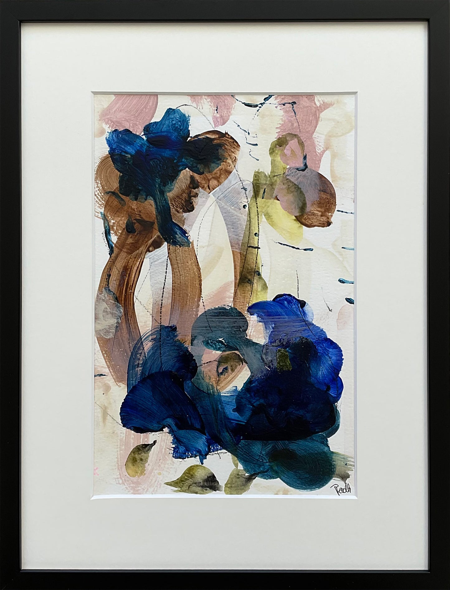 Paperwork nr. 108, 40x30 cm i sort træramme by Lone Reedtz , Abstrakt ekspressivt akrylmaleri på papir i passepartout Med sort træramme galleri-ogos