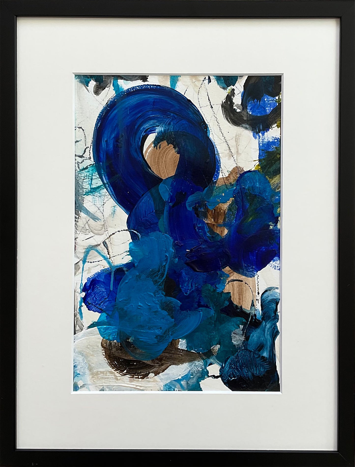 Paperwork nr. 111, 40x30 cm i sort træramme by Lone Reedtz , Abstrakt ekspressivt akrylmaleri på papir i passepartout Med sort træramme galleri-ogos