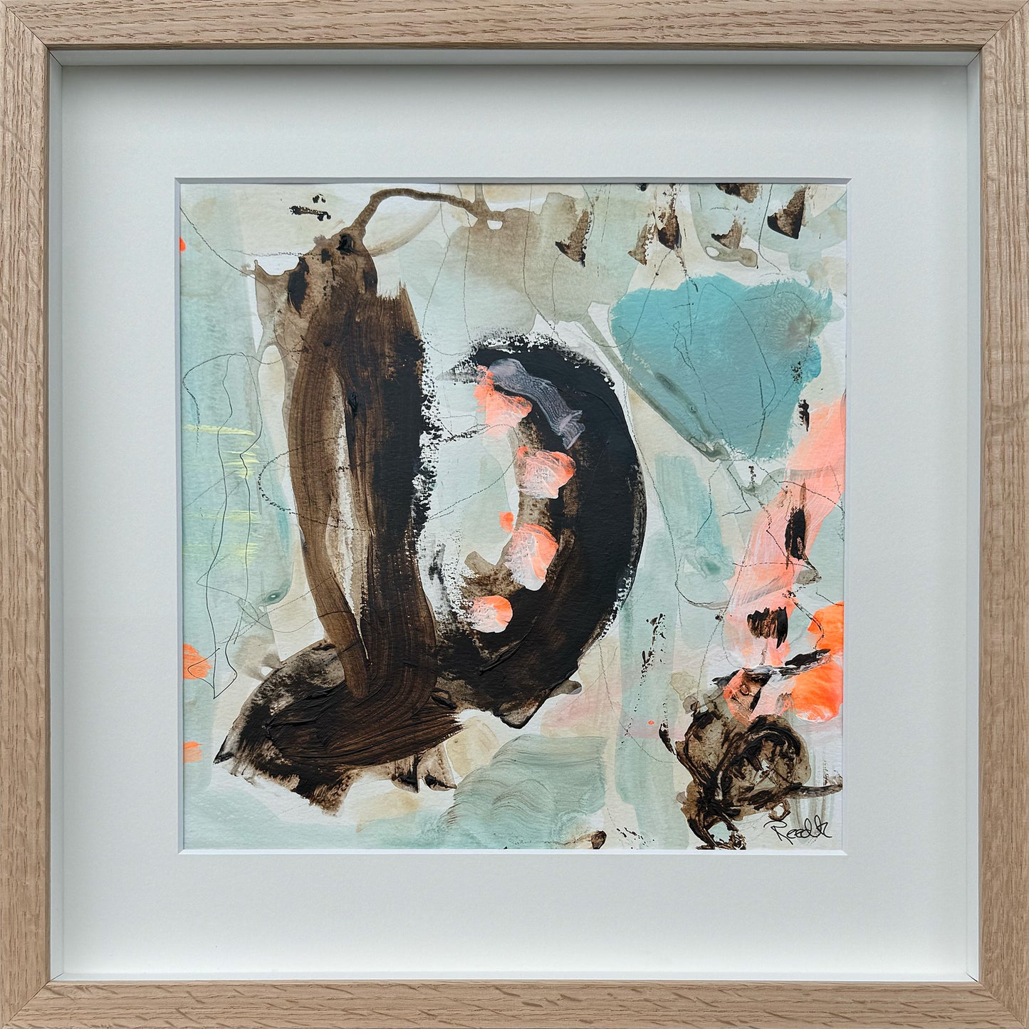Paperwork nr. 121, 40x40 cm, i boksramme af massivt egetræ by Lone Reedtz , Abstrakt ekspressivt akrylmaleri på papir i passepartout