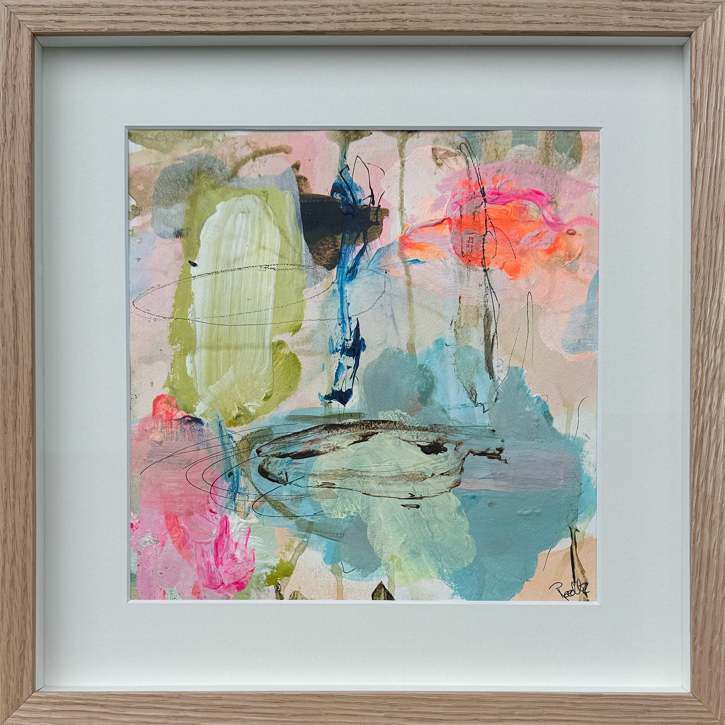 Paperwork nr. 122, 40x40 cm, i boksramme af massivt egetræ by Lone Reedtz , Abstrakt ekspressivt akrylmaleri på papir i passepartout