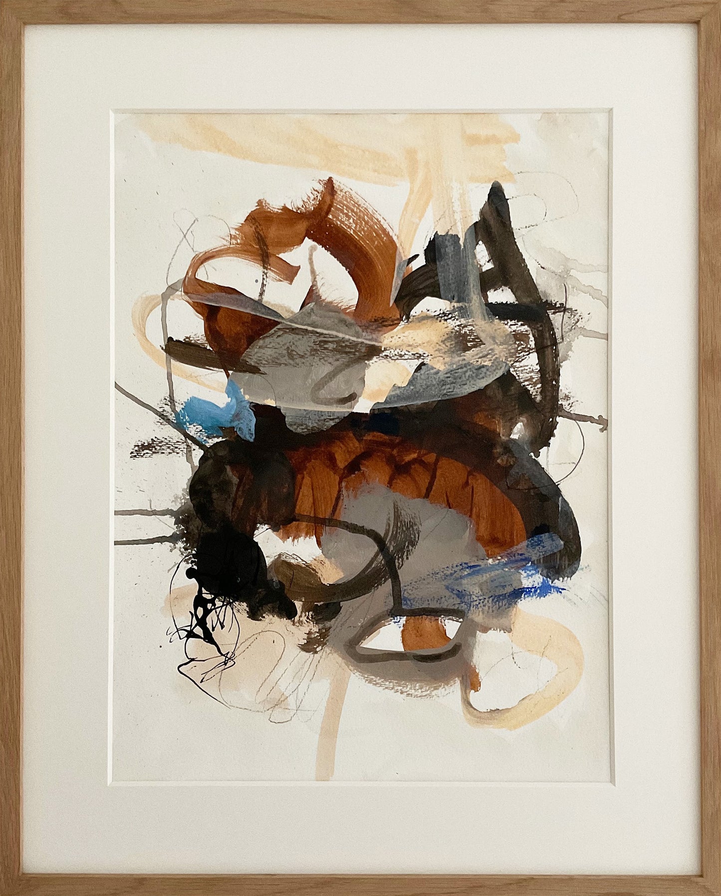 Paperwork nr. 64, 50x40 cm, med massiv egetræsramme by Lone Reedtz , Abstrakt ekspressivt akrylmaleri på papir i passepartout
