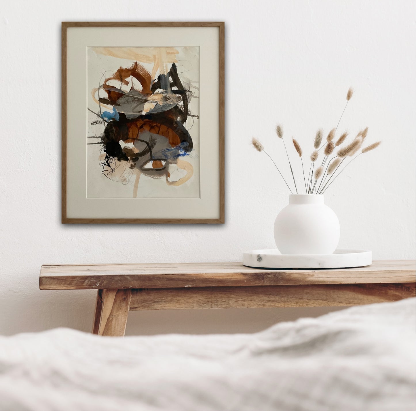 Paperwork nr. 64, 50x40 cm, med massiv egetræsramme by Lone Reedtz , Abstrakt ekspressivt akrylmaleri på papir i passepartout