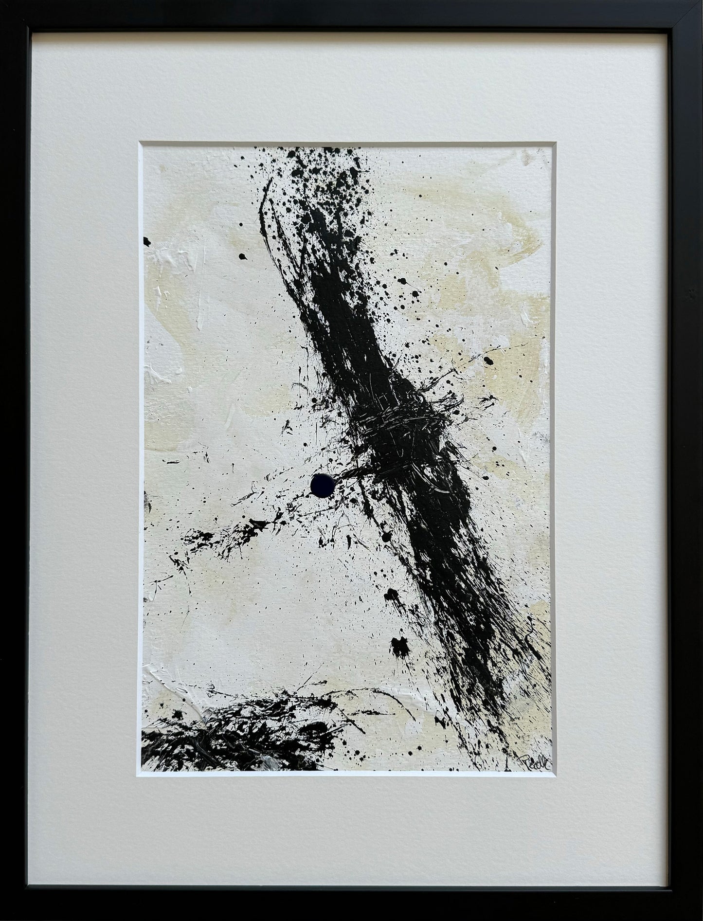 Paperwork nr. 96, 40x30 cm, med sort træramme. by Lone Reedtz , Abstrakt ekspressivt akrylmaleri på papir i passepartout