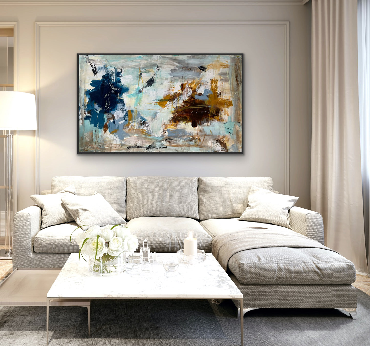 Abstrakt maleri, 90x150 cm, "POESIENS VINGESUS” by Lone Reedtz , Abstrakt ekspressivt akrylmaleri på lærred