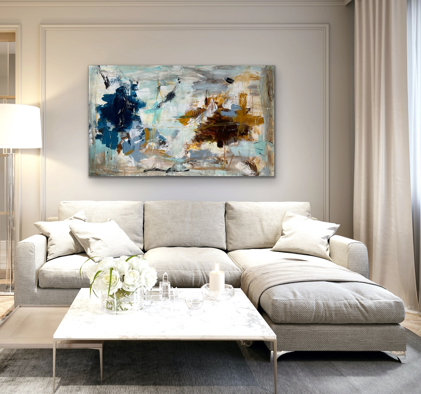 Abstrakt maleri, 90x150 cm, "POESIENS VINGESUS” by Lone Reedtz , Abstrakt ekspressivt akrylmaleri på lærred