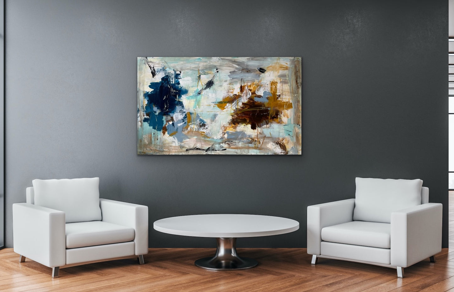 Abstrakt maleri, 90x150 cm, "POESIENS VINGESUS” by Lone Reedtz , Abstrakt ekspressivt akrylmaleri på lærred Uden ramme