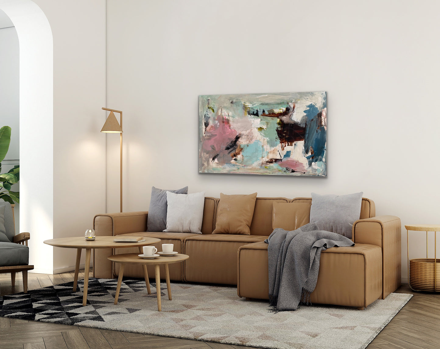 Abstrakt maleri, 90x150 cm, "SUMMER VIBES” by Lone Reedtz , Abstrakt ekspressivt akrylmaleri på lærred Uden ramme
