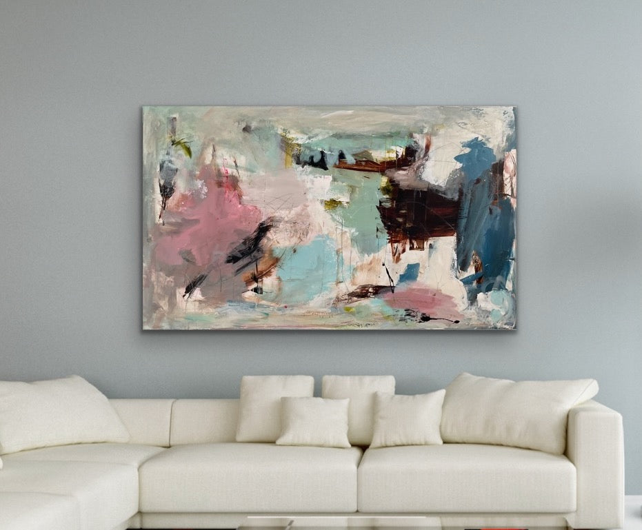 Abstrakt maleri, 90x150 cm, "SUMMER VIBES” by Lone Reedtz , Abstrakt ekspressivt akrylmaleri på lærred