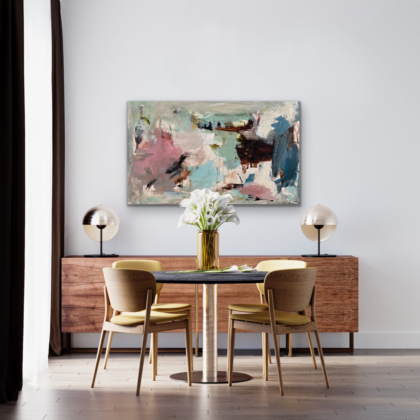 Abstrakt maleri, 90x150 cm, "SUMMER VIBES” by Lone Reedtz , Abstrakt ekspressivt akrylmaleri på lærred