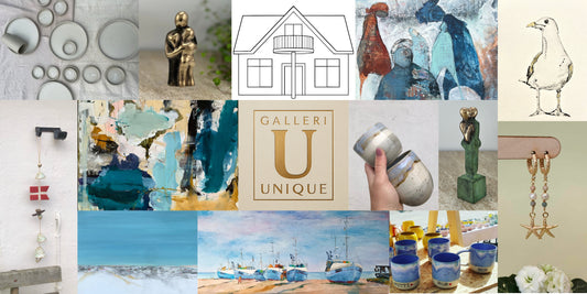 Collage om Galleri Unique med logo og værker