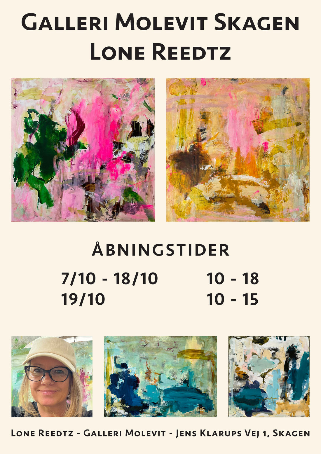 Portræt foto og malerier af Lone Reedtz i efterårsudstilling på Galleri Molevit i Skagen 7.-19. oktober 2025
