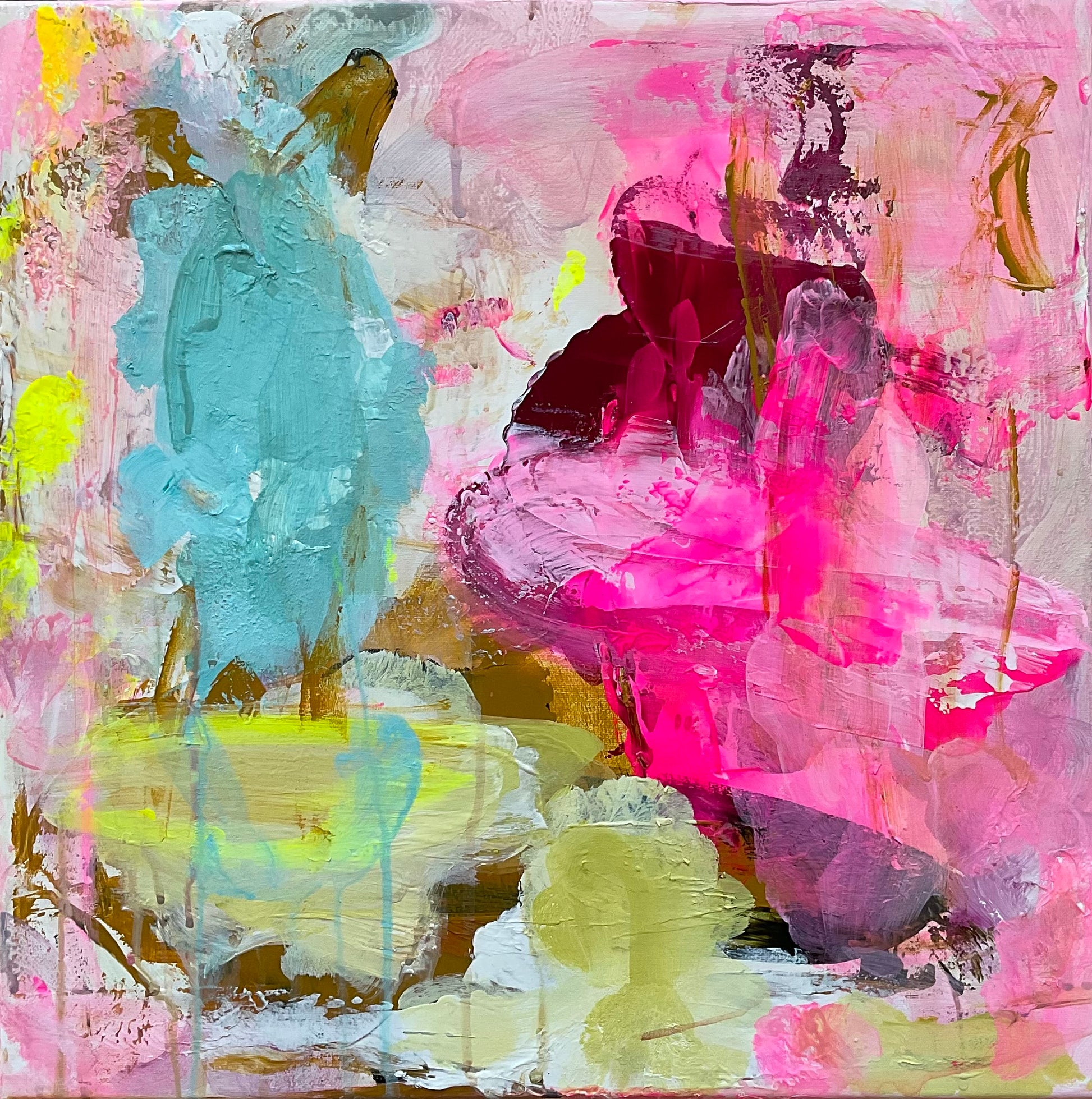 Abstrakt maleri, 40x40 cm, "KISSING LIFE" by Lone Reedtz , Abstrakt ekspressivt akrylmaleri på lærred