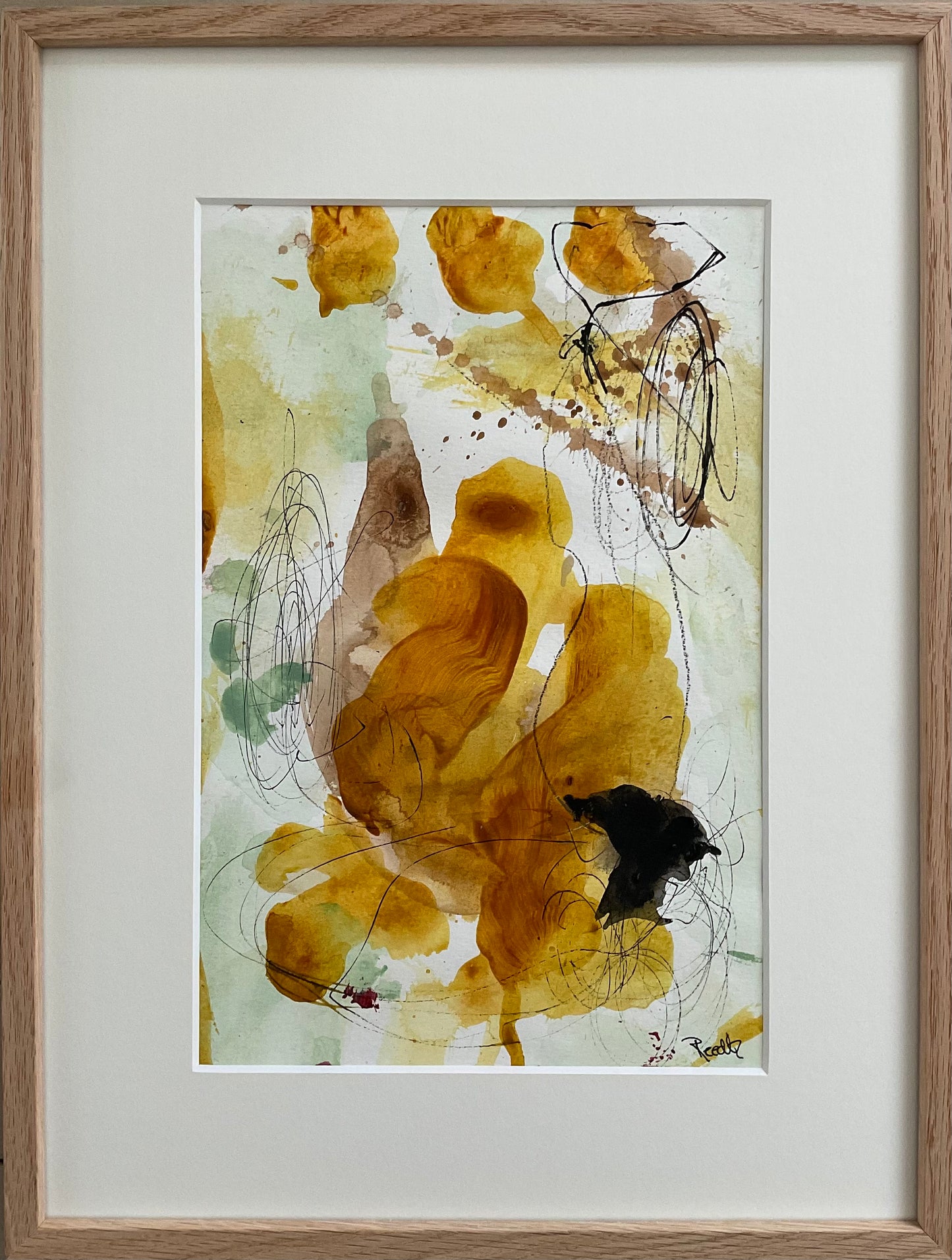 Paperwork, 40x30 cm, i massiv egetræsramme by Lone Reedtz , Abstrakt ekspressivt akrylmaleri på papir i passepartout