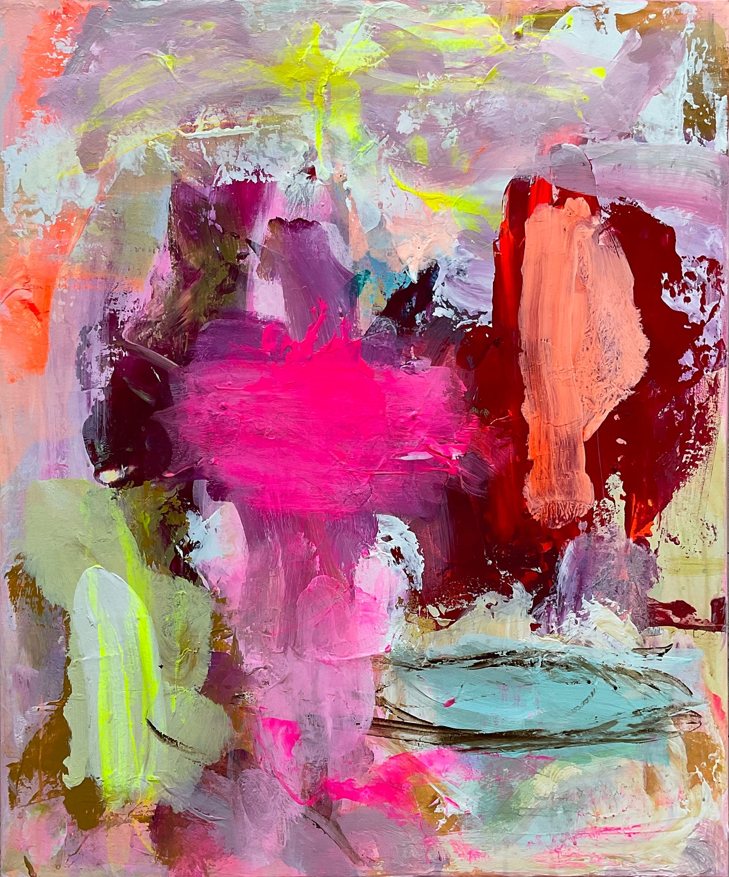Abstrakt maleri, 60x50 cm, “BORN TO LOVE YOU” by Lone Reedtz , Abstrakt ekspressivt akrylmaleri på lærred Black Brown Grey Ochre Pink White Yellow