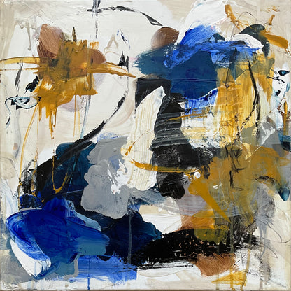Abstrakt maleri, 40x40 cm, "Ocean blue" by Lone Reedtz , Abstrakt ekspressivt akrylmaleri på lærred Uden ramme Black Blue Brown Childish Golden Grey Ochre Square White